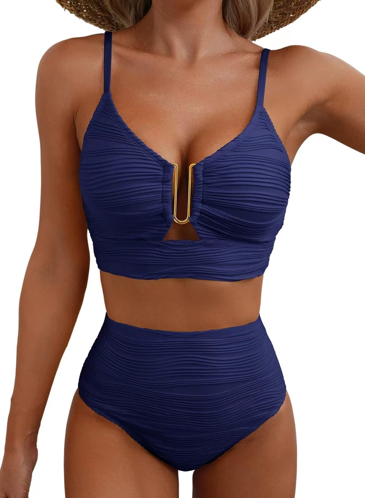 Women's Sheer Swimsuit — Ruched Deep V-Neck, Two-Piece Black High-Waisted Beachwear with Cutouts