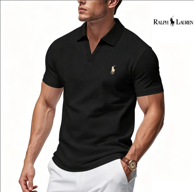 Men's V-Neck Waffle-Knit Short-Sleeve Polo Shirt