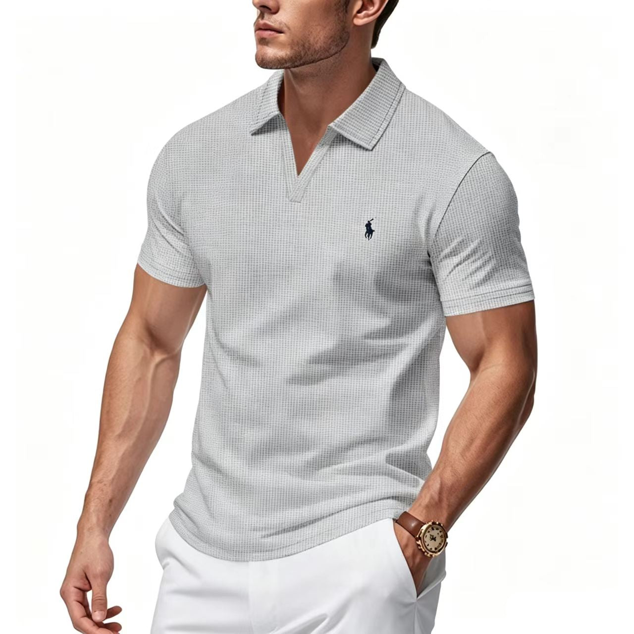 Men's V-Neck Waffle-Knit Short-Sleeve Polo Shirt