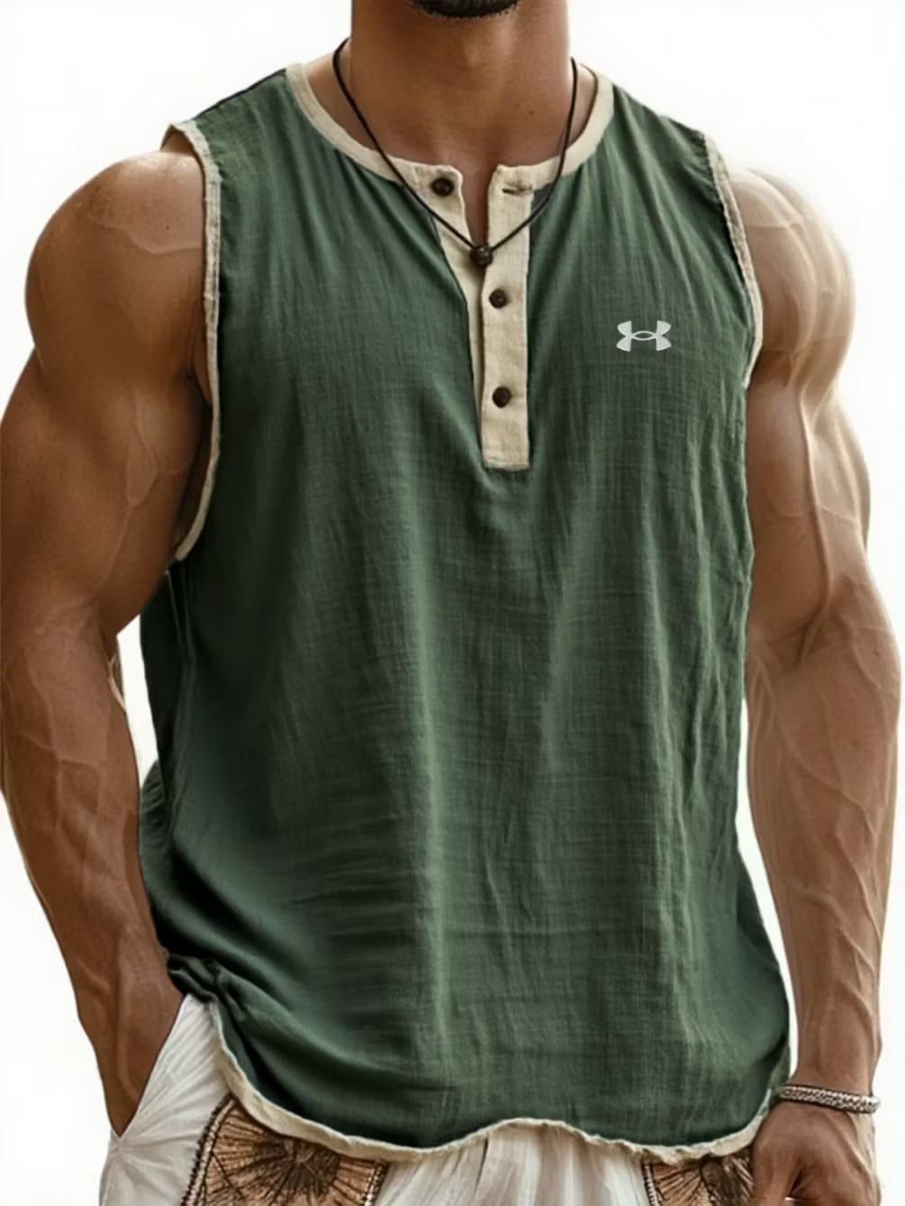 Men's Cotton Linen Henley Sleeveless Tank Top