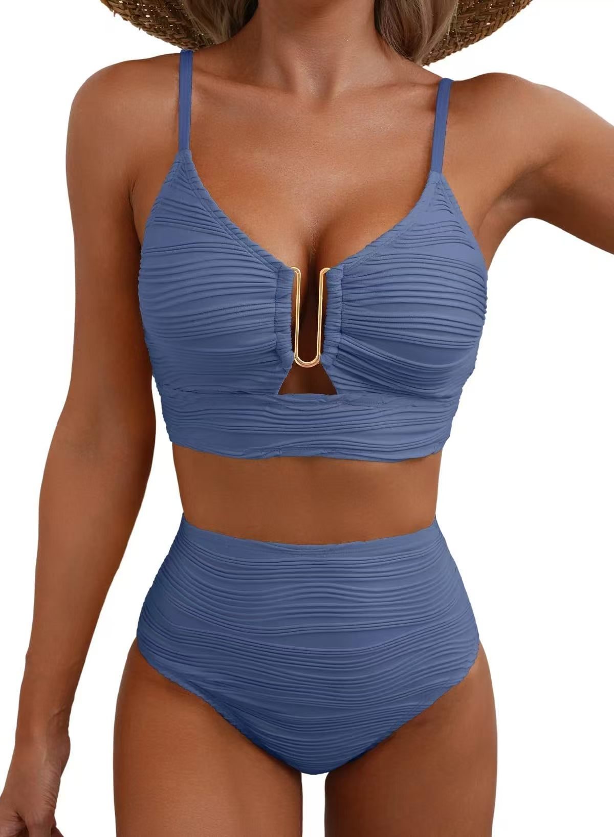 Women's Sheer Swimsuit — Ruched Deep V-Neck, Two-Piece Black High-Waisted Beachwear with Cutouts