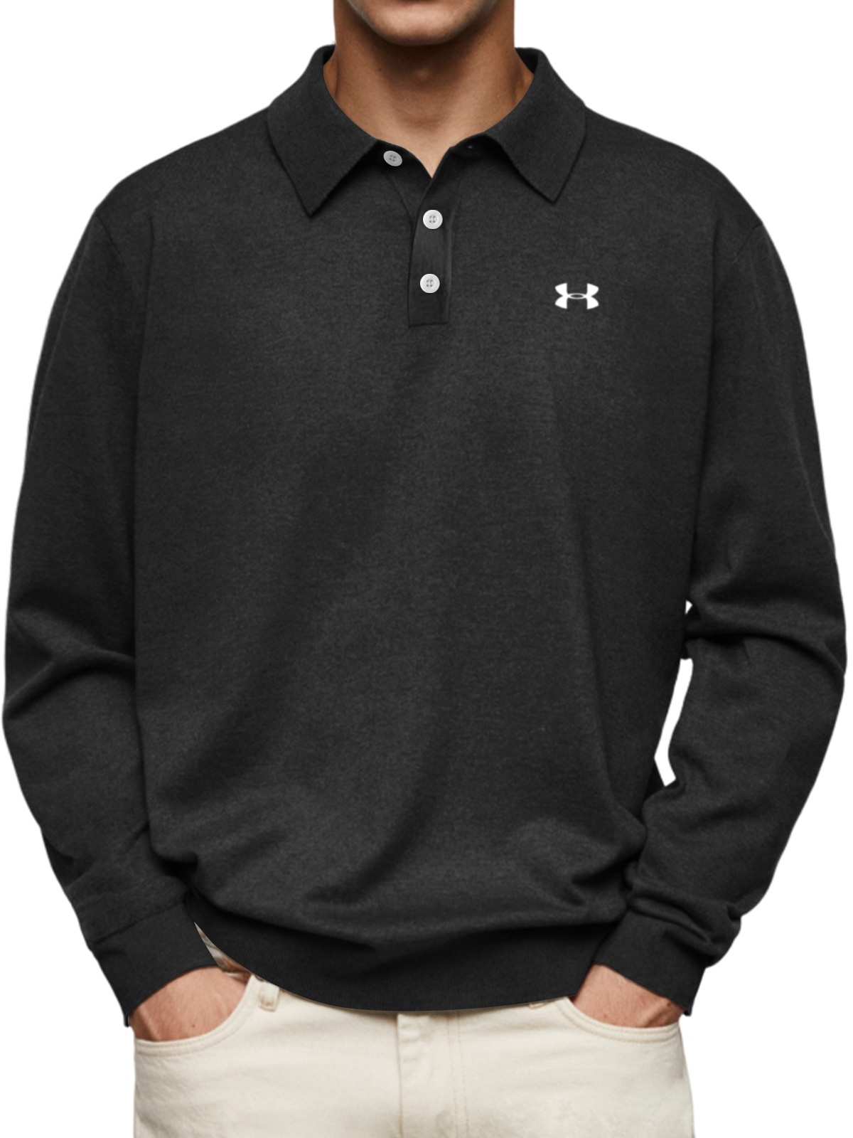 2025-Men's casual and comfortable solid color lapel long-sleeved POLO shirt