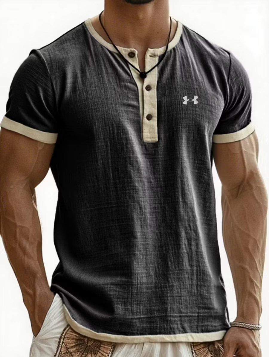 Men's Cotton Linen Casual Henley T-Shirt