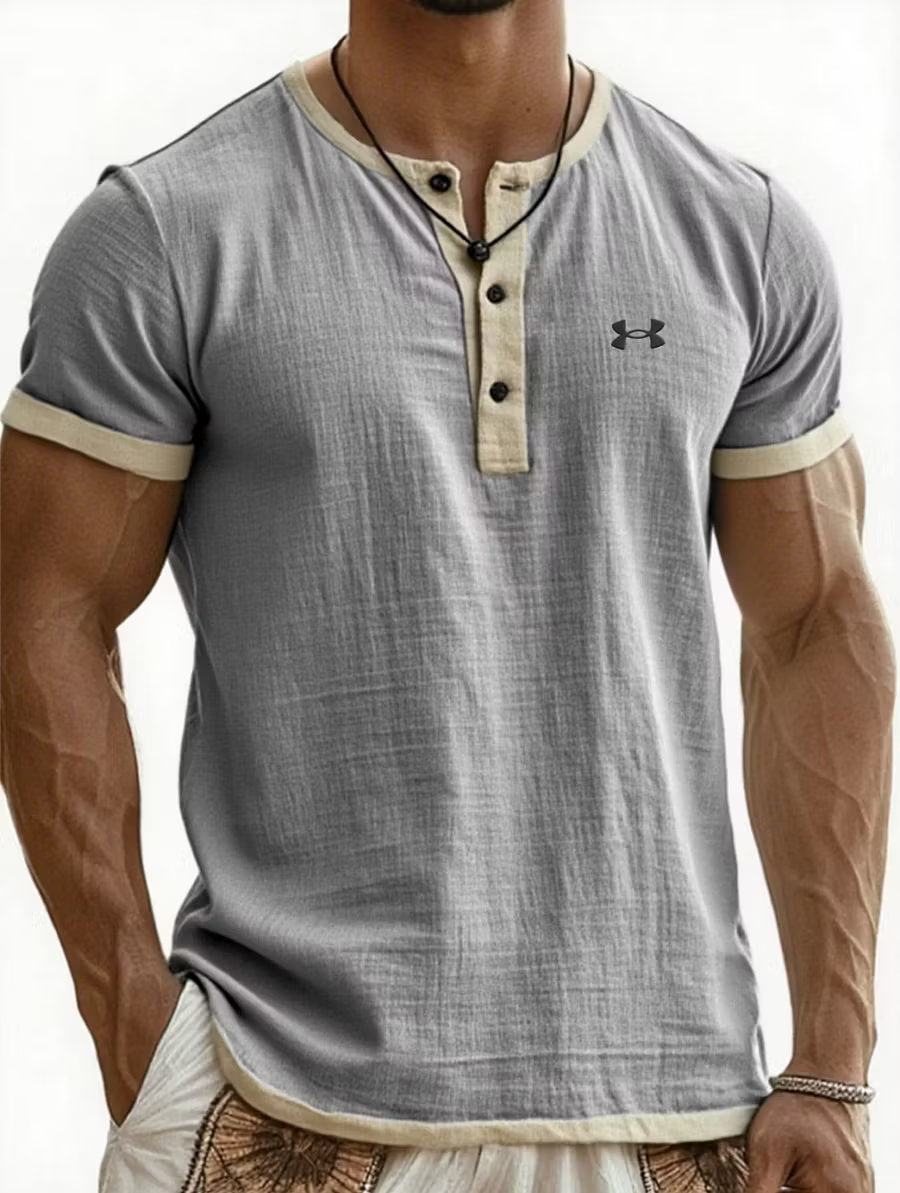 Men's Cotton Linen Casual Henley T-Shirt