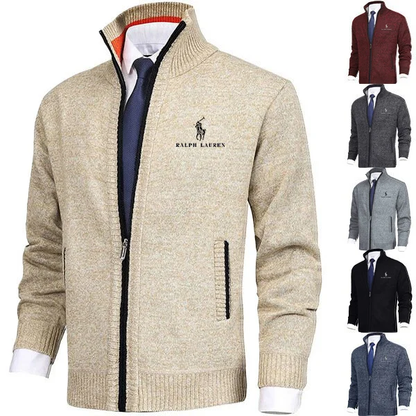 Men's solid-colored sweater with a collar.