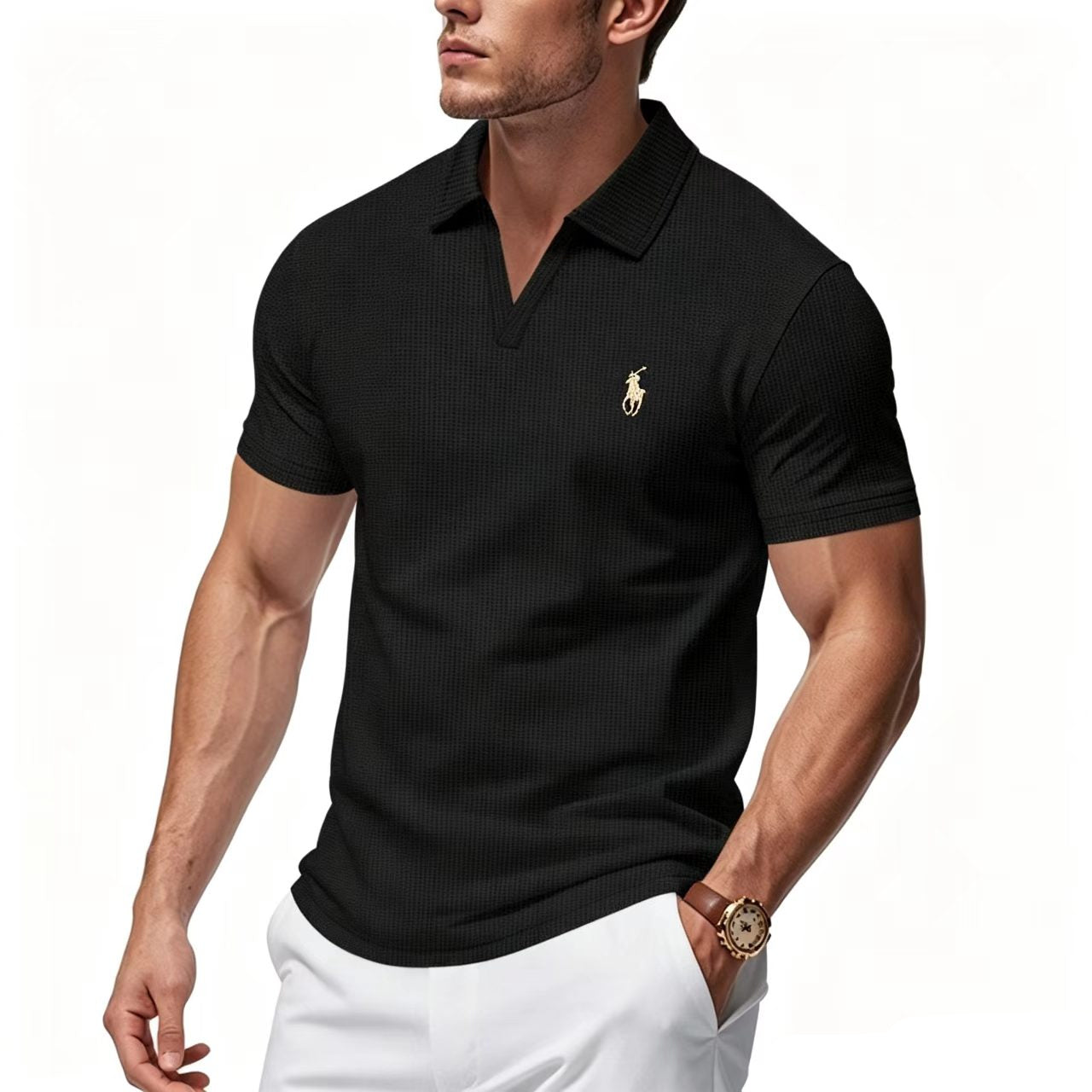 Men's V-Neck Waffle-Knit Short-Sleeve Polo Shirt