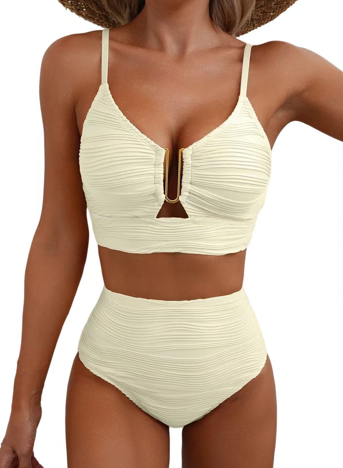 Women's Sheer Swimsuit — Ruched Deep V-Neck, Two-Piece Black High-Waisted Beachwear with Cutouts