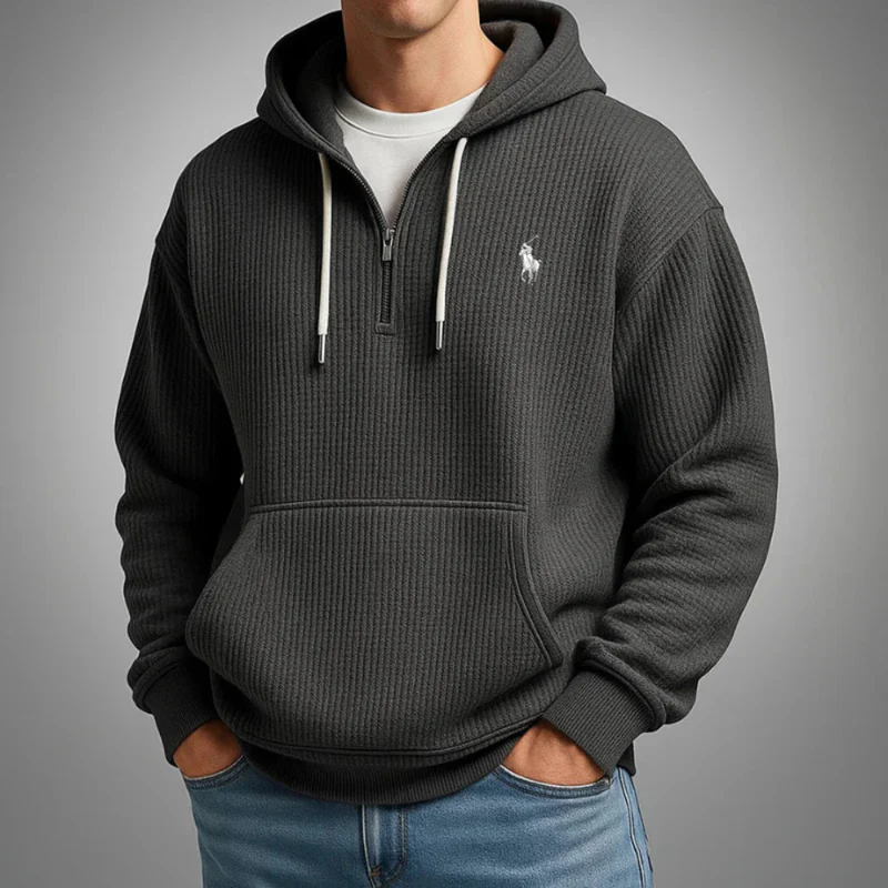 Men's Casual Solid Waffle Zipper Long Sleeve Hooded Sweatshirt
