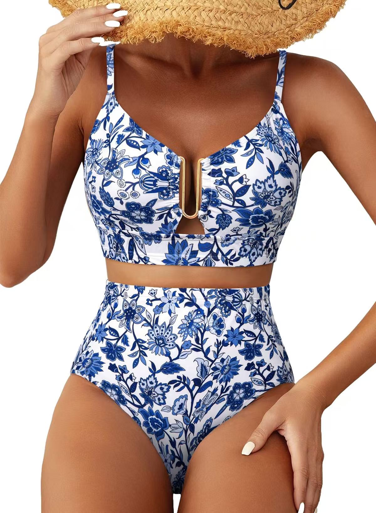 Women's Sheer Swimsuit — Ruched Deep V-Neck, Two-Piece Black High-Waisted Beachwear with Cutouts