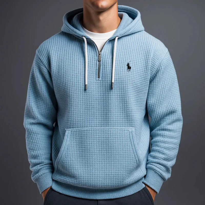 Men's Casual Solid Waffle Zipper Long Sleeve Hooded Sweatshirt