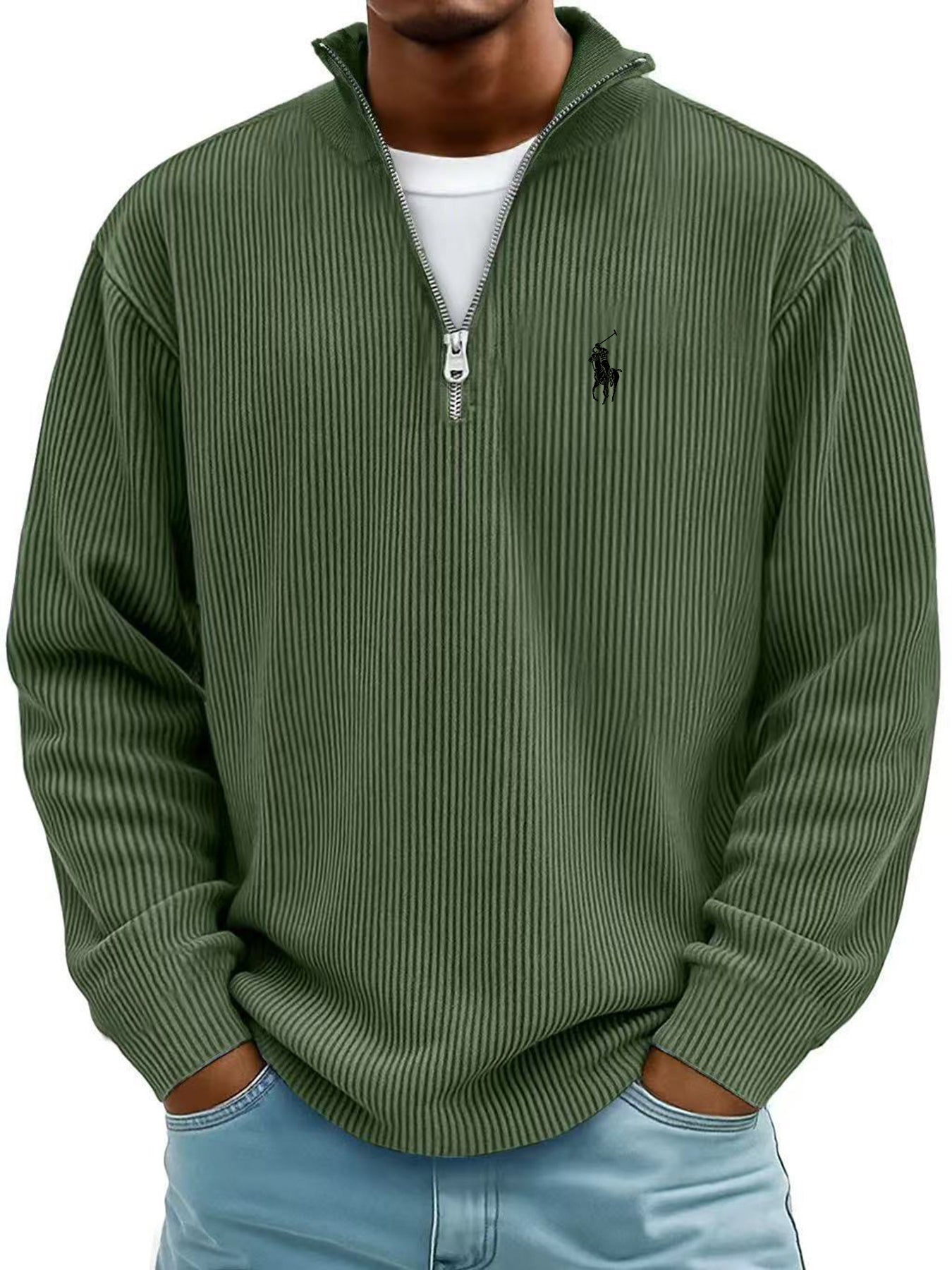 Men's Simple Casual Ribbed Stand Collar Zipper Long Sleeve T-shirt
