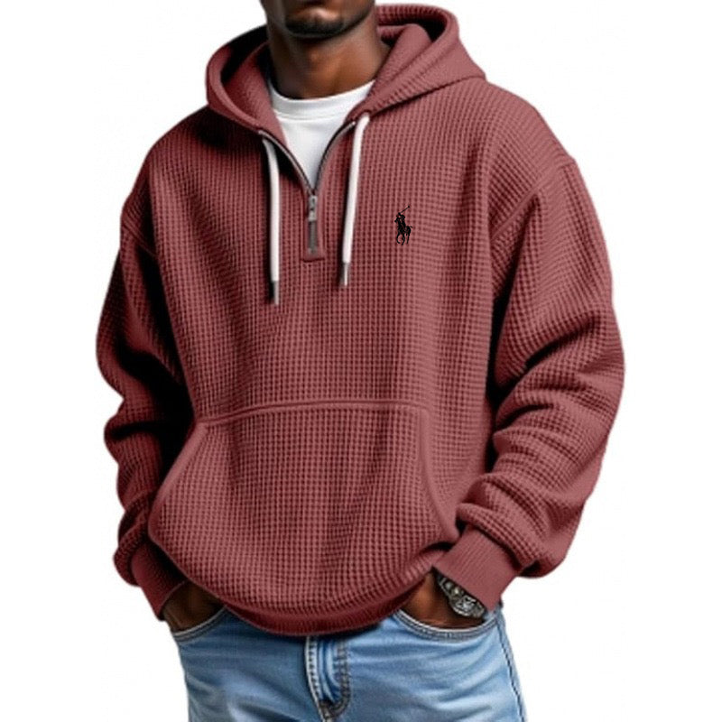 Men's Casual Solid Waffle Zipper Long Sleeve Hooded Sweatshirt