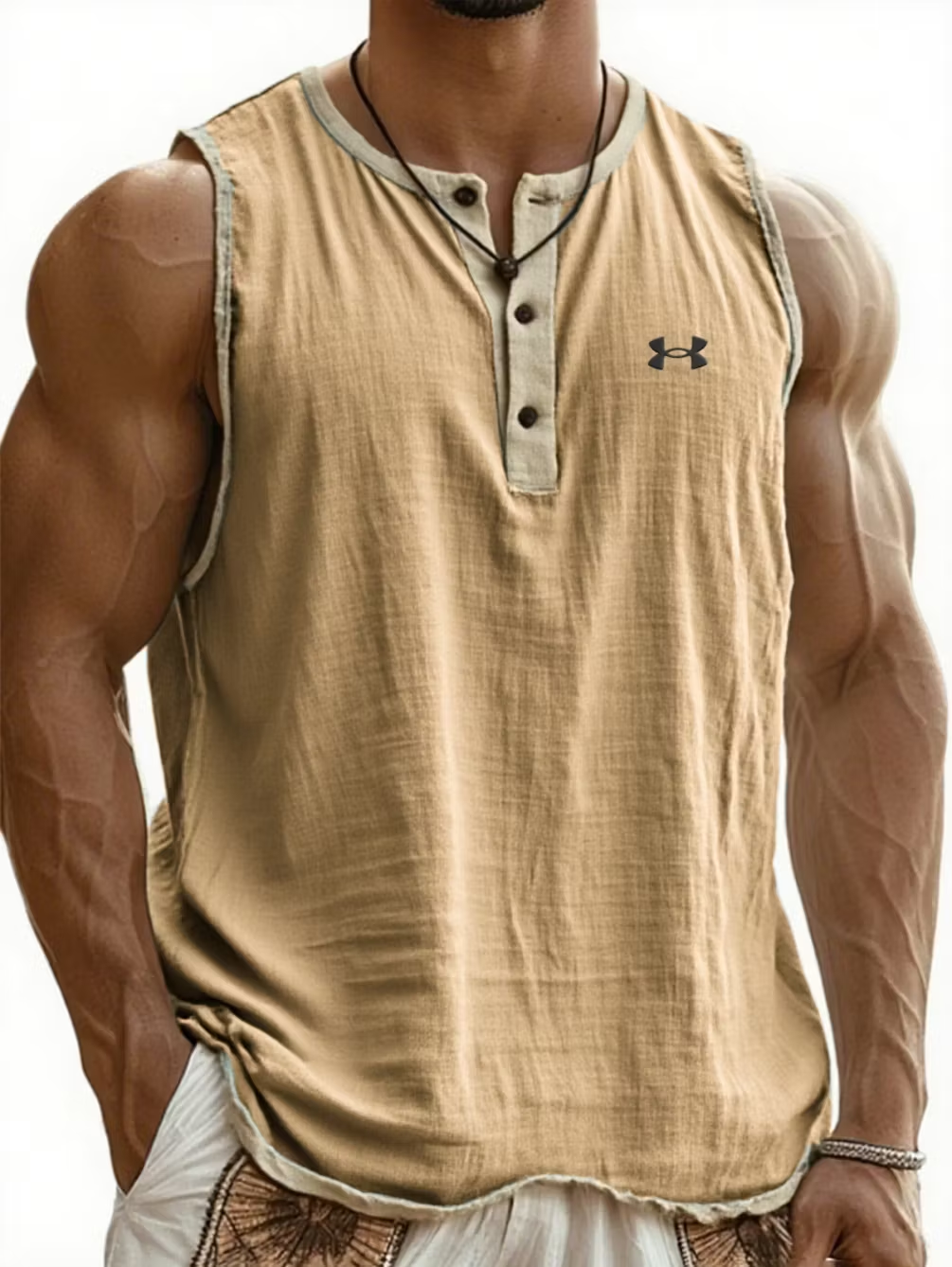 Men's Cotton Linen Henley Sleeveless Tank Top