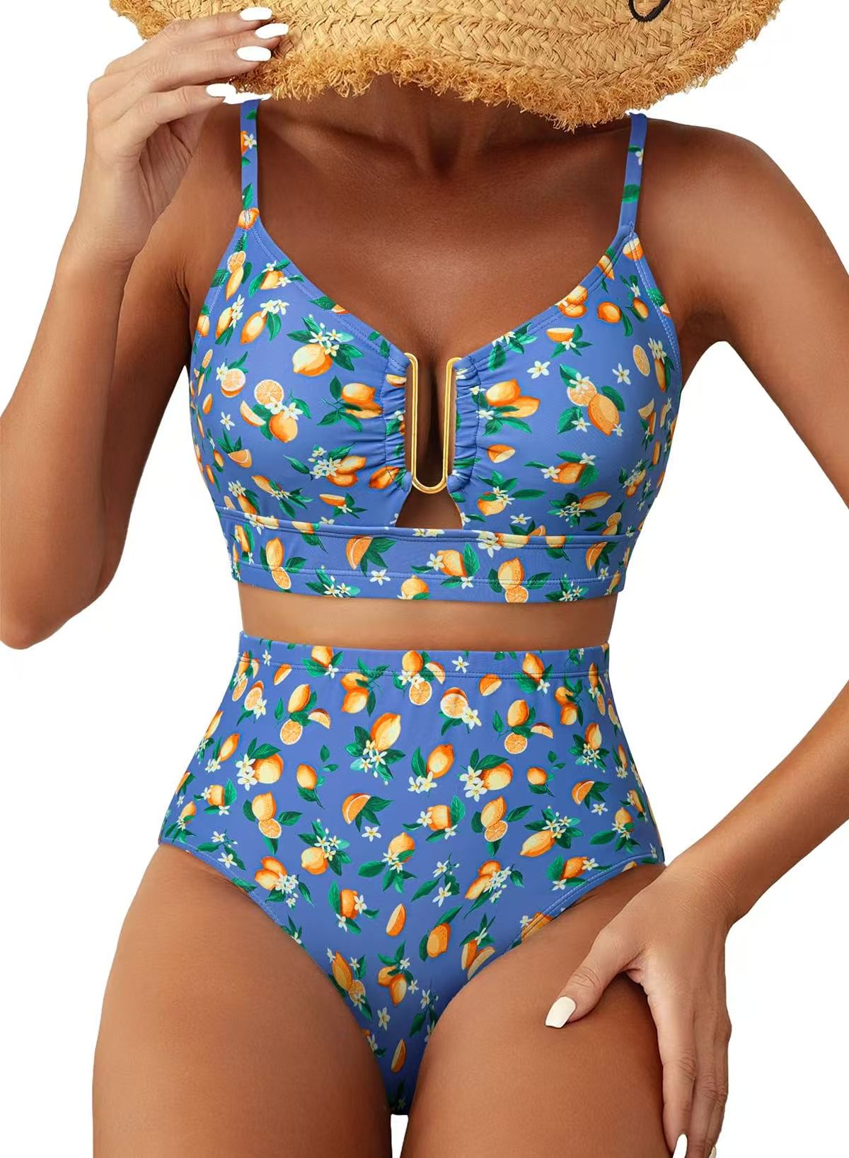 Women's Sheer Swimsuit — Ruched Deep V-Neck, Two-Piece Black High-Waisted Beachwear with Cutouts
