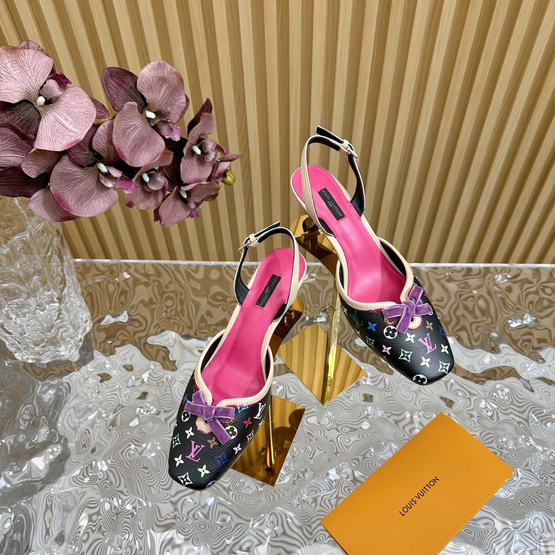Retro literary velvet bow🎀cat heel sandals L*** VIP 1:1