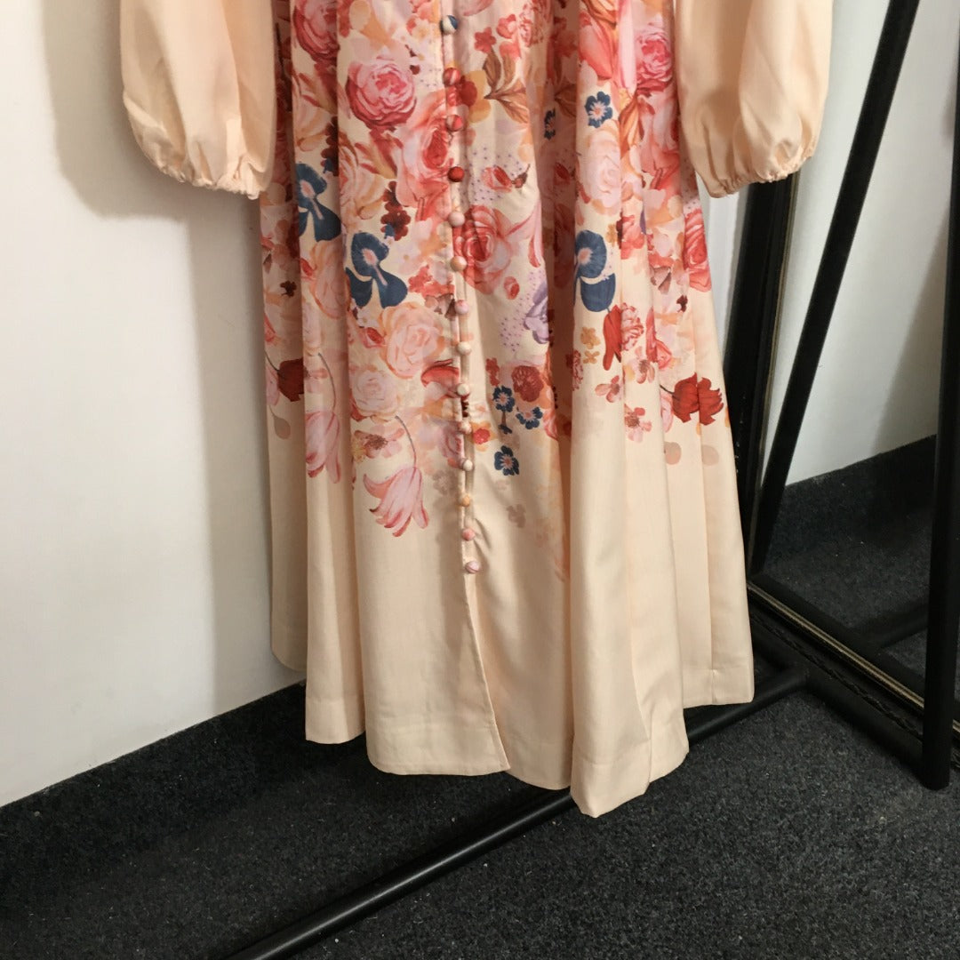 ZIM****-Rose flower print lantern long-sleeved dress with belt, pink